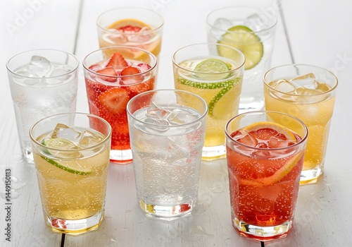Refreshing Summer Drinks Sparkling Water with Fruit, Lime, Strawberry, Grapefruit, Healthy Beverage Assortment.