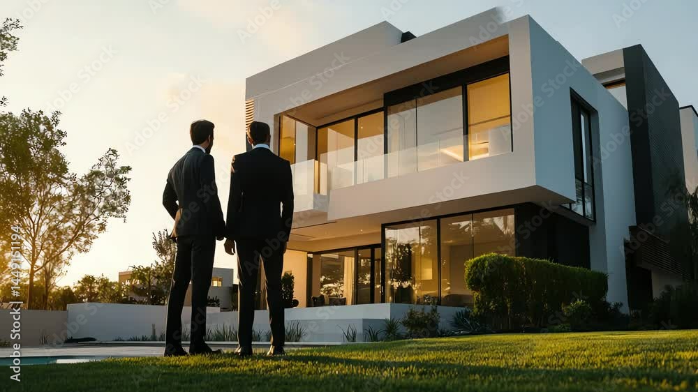 Two men in suits view modern house. Two men in suits view modern house.