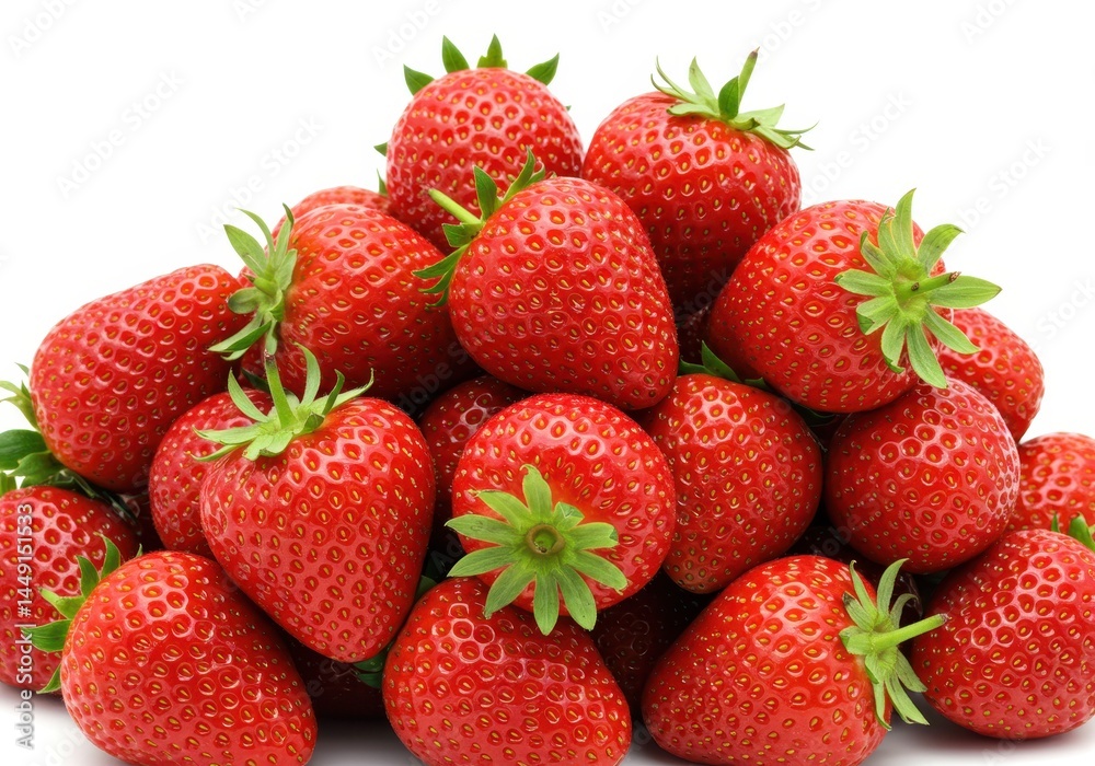 Pile of fresh ripe strawberries with green stems isolated against a bright white background Pile of fresh ripe strawberries with green stems isolated against a bright white background