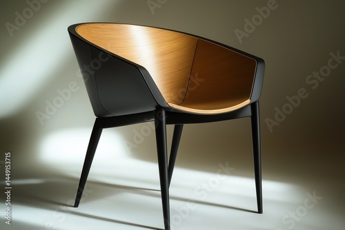 Modern minimalist chair with futuristic design, crafted from sleek matte black metal and natural oak wood, 