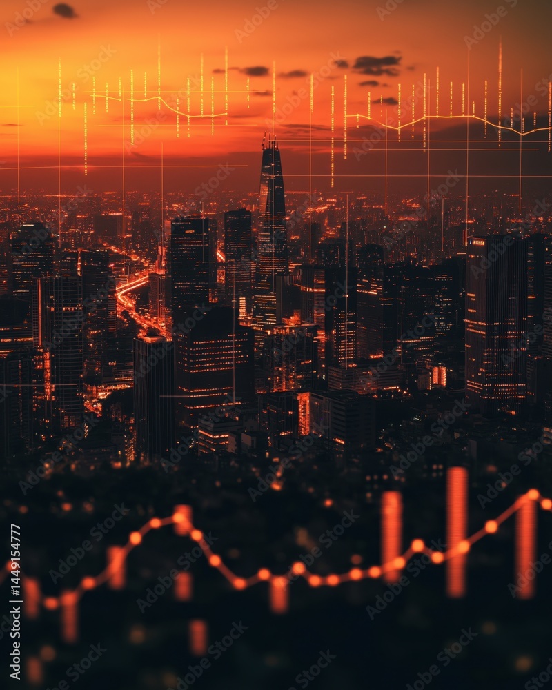 Global City Skyline with Digital Data Overlay Showing Tariff Impact and Financial Trends Global City Skyline with Digital Data Overlay Showing Tariff Impact and Financial Trends