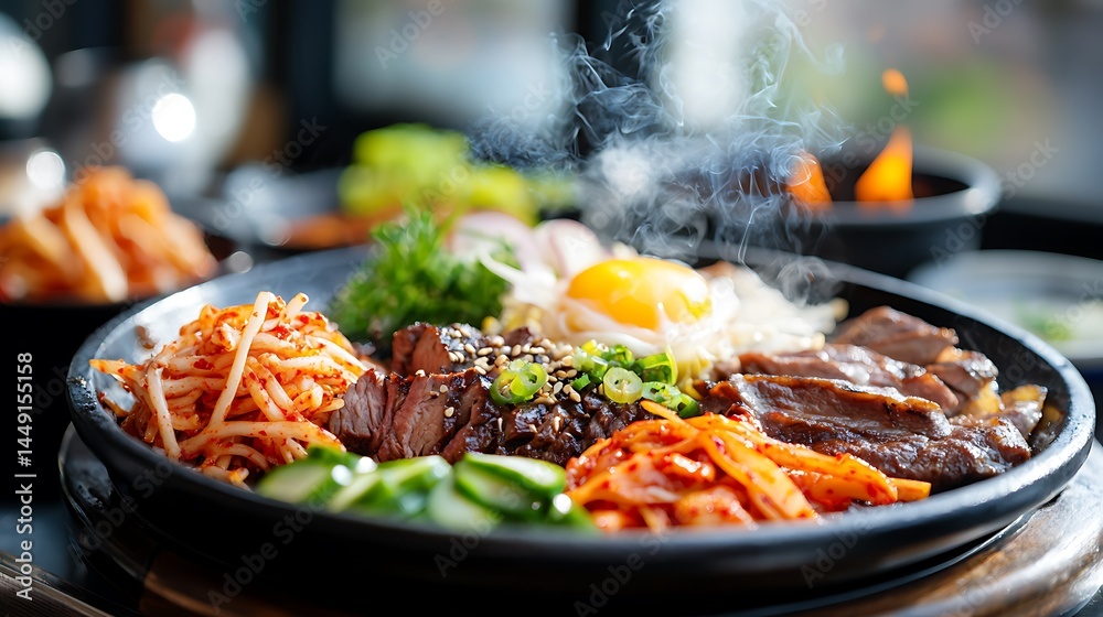 Fototapeta premium Sizzling Korean BBQ Plate with Egg and Kimchi