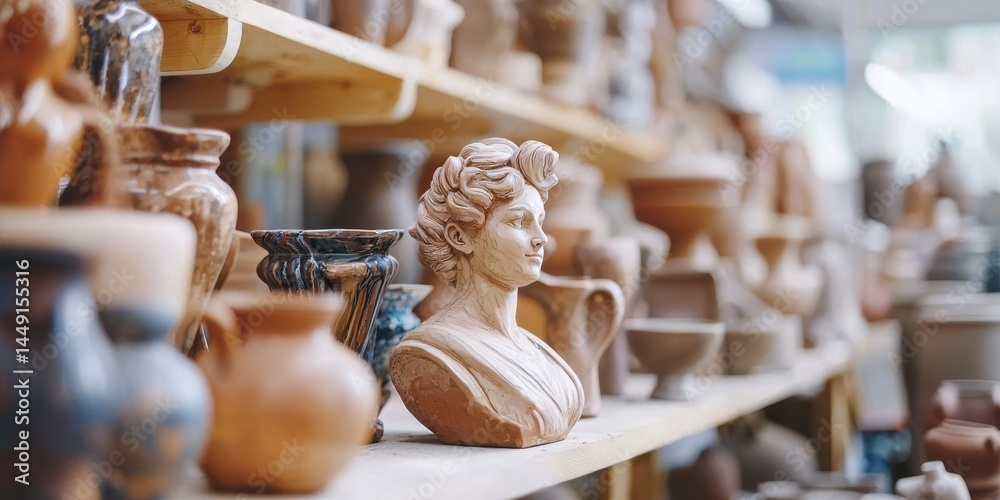Obraz premium a statue of a woman sits among ceramic vases on a shelf 