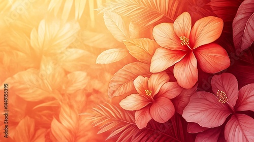 Peach and orange pastel watercolor illustration of flowers, foliage, and leaves with gold foil accents.