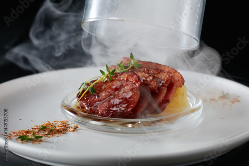 Closeup of fried duck breast on a plate decorated with dry ice