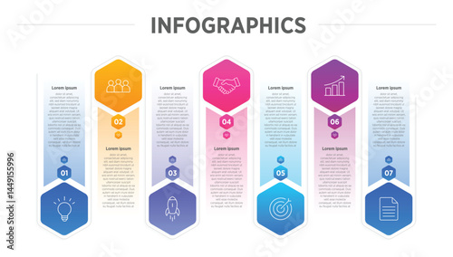 Design infographic 7 options, Business concept infographic template can be used for workflow layout, diagram, number options, timeline or milestones project.