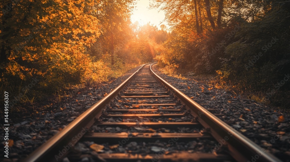 Obraz premium Railroad tracks leading to a bright sunset through a forest in autumn.