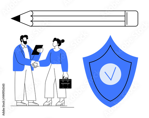Professional handshake between two figures, shield with checkmark symbolizes trust and security, pencil signifies creativity. Ideal for collaboration, trust, creativity, success, security