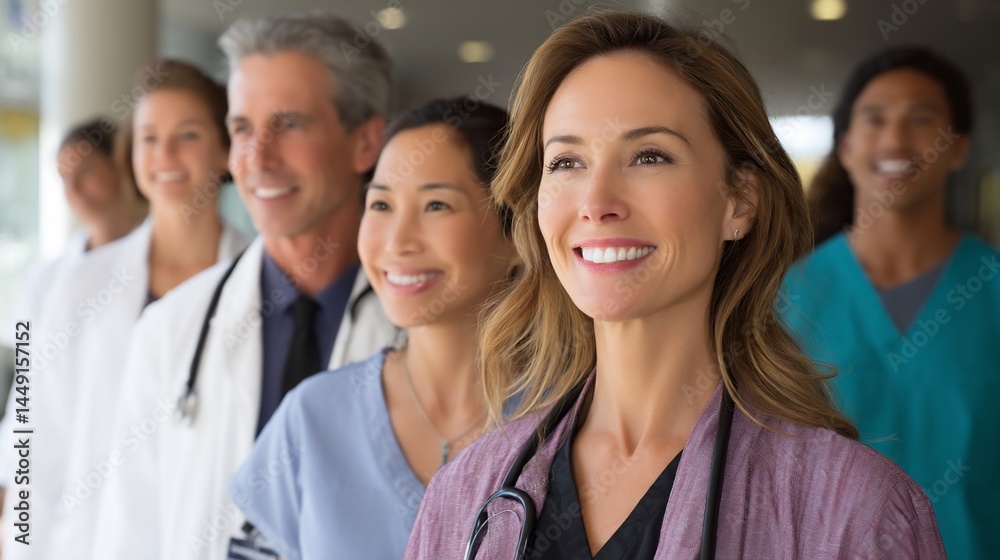 Medical professionals smiling in a hospital hallway; teamwork and healthcare; possible use for stock photography Medical professionals smiling in a hospital hallway; teamwork and healthcare; possible use for stock photography