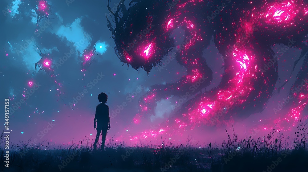 Obraz premium Surreal Digital Sketch of a Child Confronting a Glowing Pink Creature