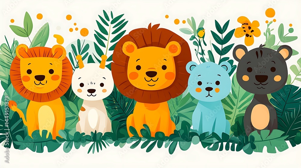 Naklejka premium Cartoon animals surrounded by jungle plants