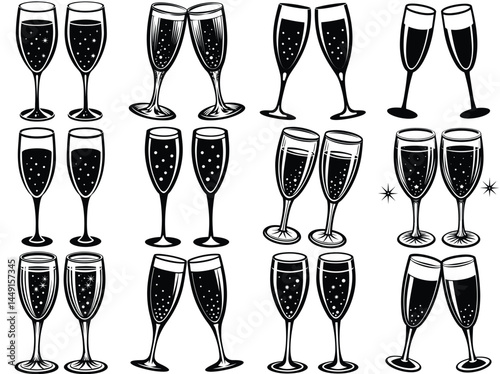 Champagne glasses silhouette vector illustration isolated on white background.