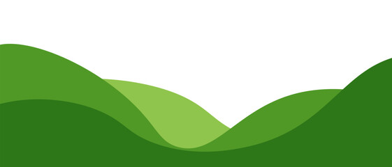 Fotobehang Groen Minimalist abstract green hills background, layered wave shapes in varying green tones, white sky, clean eco landscape vector  © BoBloob