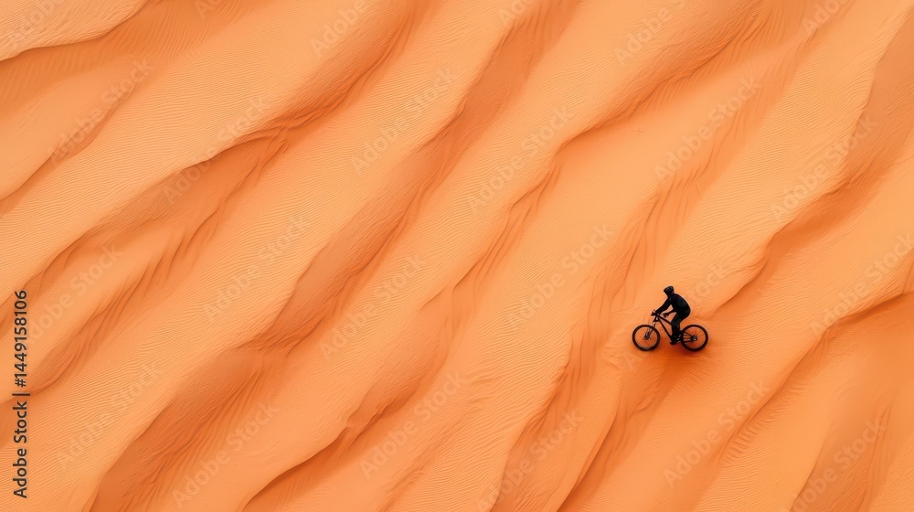 Obraz premium Aerial view of a cyclist in a vast desert, tiny human scale in an endless landscape, exploration concept