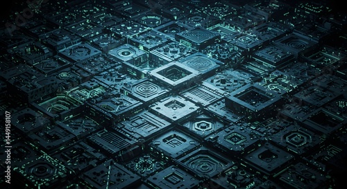 Abstract Digital Circuitry Futuristic Technology Background, High-Tech Microchip Pattern, Dark Green and Black Motherboard Texture, Complex Electronic System, 3D Rendering of Integrated Circuitry