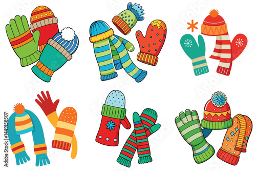 Winter mittens and scarves vector illustration isolated on white background.