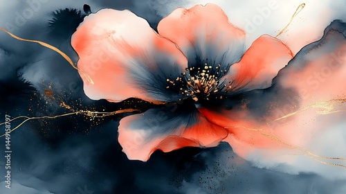 Watercolor blush pink and black floral with gold accents, on a light background. 