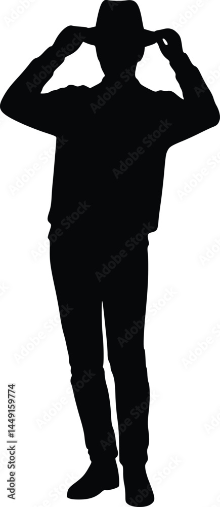Fototapeta premium Black-and-white silhouette of a person standing in a relaxed posture, adjusting a hat with one hand, isolated vector illustration