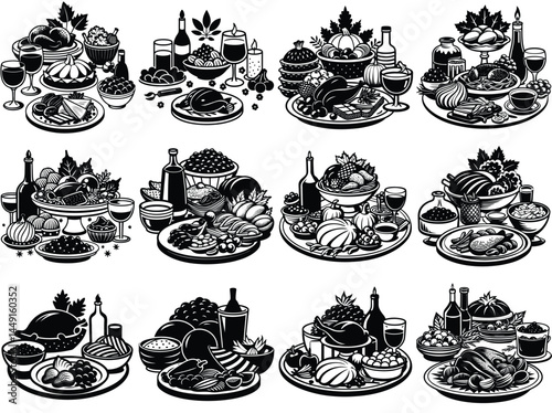 Holiday leftovers feast silhouette vector illustration isolated on white background.