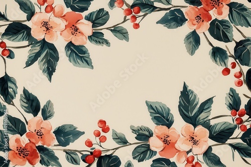 Elegant Watercolor Floral Border Design with Peach Blossoms and Berries for Wedding Invitations or Romantic Backgrounds