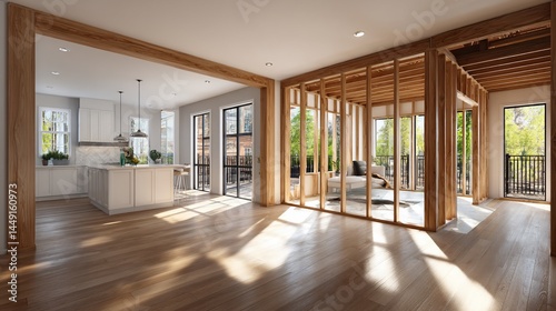 Modern house under construction, interior open floor plan, sunlight streaming through, potential for a real estate listing
