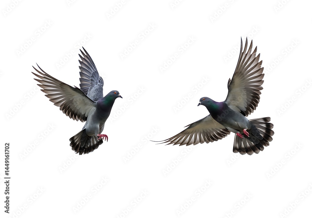 Two pigeons in flight against a stark white backdrop showcasing their outstretched wings and feathers Two pigeons in flight against a stark white backdrop showcasing their outstretched wings and feathers