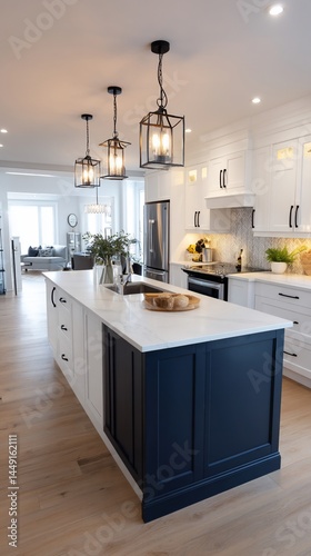 Modern kitchen island with white cabinets and navy blue accents, showcasing a bright open-concept layout, perfect for interior design inspiration