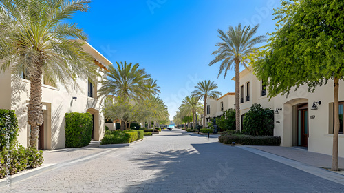 Mediterranean Style Residential Street Under Sunny Blue Sky