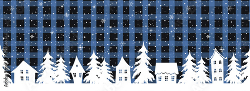 Winter Village. Christmas Background. Seamless Border. Fairy Tale Winter Landscape. White Houses, Trees, Snow on Blue Black Checkered Background. Winter Classic Buffalo Plaid Bg. Vector illustration