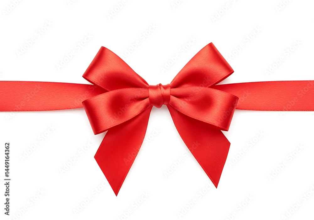 A red satin ribbon tied into a bow centered on a white background creating a simple elegant design A red satin ribbon tied into a bow centered on a white background creating a simple elegant design