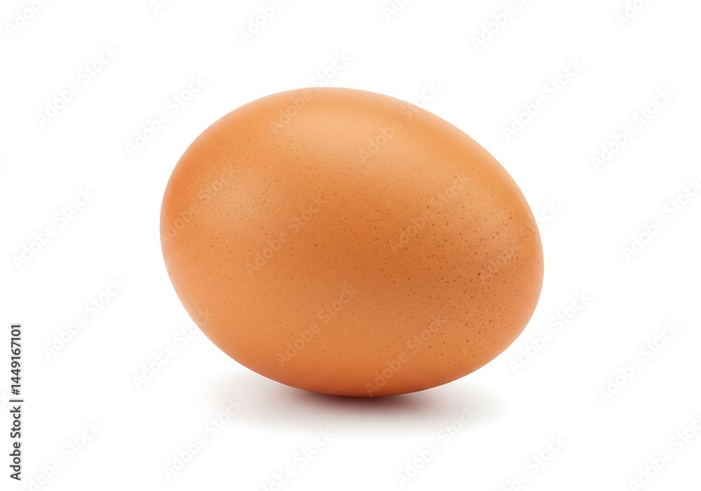 A single brown egg sits on a white background casting a soft shadow beneath it on the surface