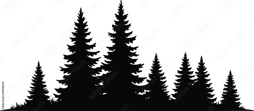 Obraz premium Silhouette of a dense cluster of pine trees, arranged to create a forest-like scene, isolated vector illustration