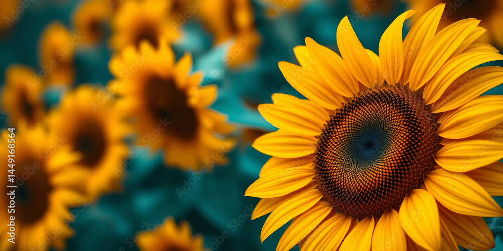 Fototapeta premium a close-up of a sunflower in the foreground. The sunflower is prominently positioned on the right side of the image, displaying bright yellow petals radiating from a dark brown center