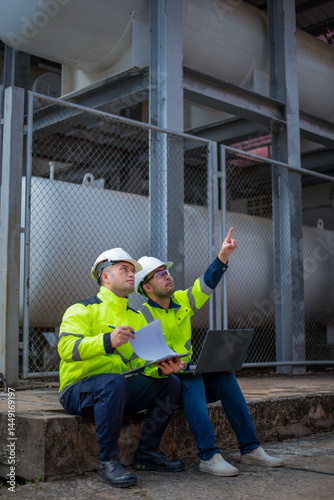 Fotografie Oil technicians and engineers are seriously discussing the development of an oil refining system at a plant