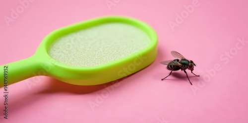 Close-up of green fly swatter next to a fly on pink surface, insect, green