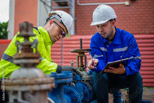 фотографія Engineers and technicians are jointly inspecting parts of the factory's high pressure water discharge system