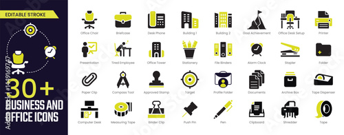 Business and Office Stroke icon collections. Containing Briefcase, Printer, team, Target, Pen, Documents, Computer Desk, businessman, and Presentation icons. Editable Stroke icon collection Outline ic