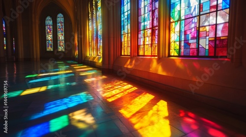 Colorful stained glass window illuminated by sunlight inside a historic building during the late afternoon - ai