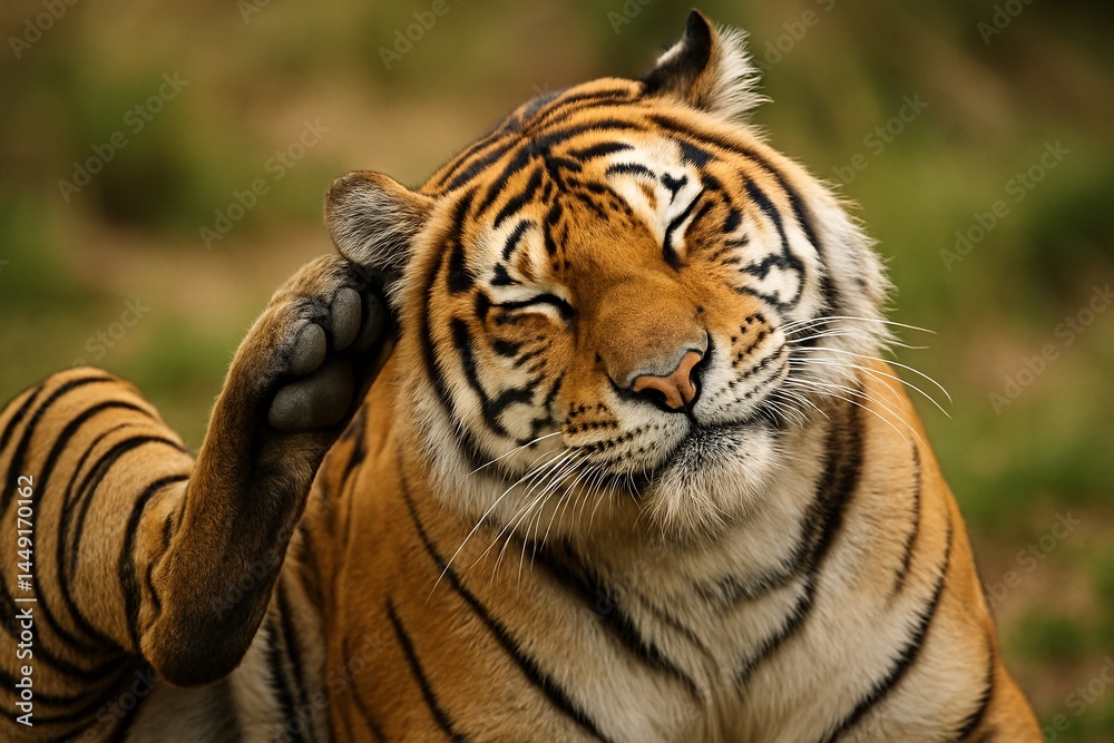 Naklejka premium Close-up of a tiger scratching its head with a paw in a natural outdoor setting