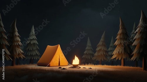 Wallpaper Mural cozy campsite with yellow tent, bonfire, pine trees, starry night sky, warm lighting from campfire, stylized semi-realistic textures. Torontodigital.ca