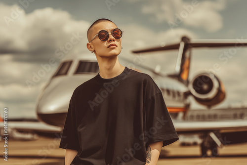 Streetwear photoshoot of a young man with a crew cut hairstyle wearing a mock up black oversized t-shirt, sunglasses, and posing in front of a private jet.