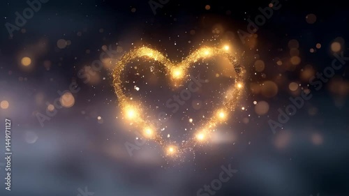 Blurry background with bokeh lights and glittering gold heart shape creating a magical romantic atmosphere