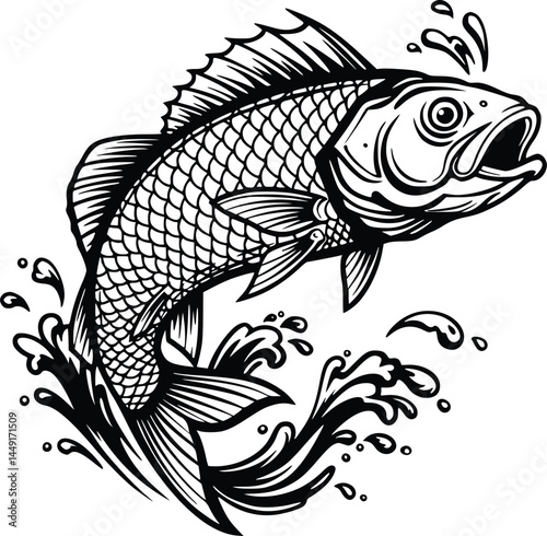 Black and white illustration of a fish leaping out of water with dynamic splashes and an open mouth. isolated vector illustration 