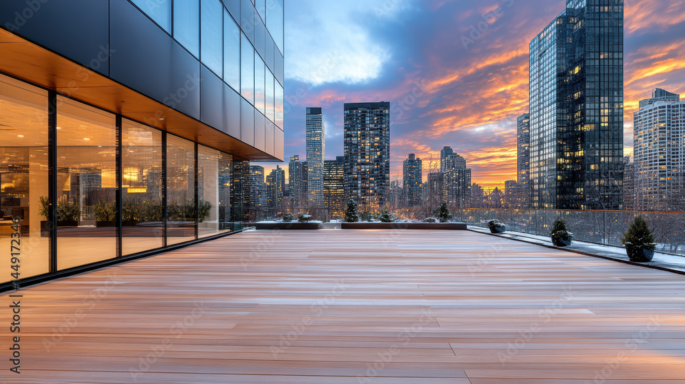 Fototapeta premium Stunning panoramic rooftop view showcasing modern city skyline sunset, with vibrant colors