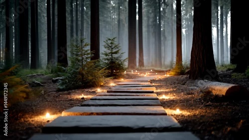 Serene winding path through lush green woods surrounded by tall trees and sunlight filtering through leaves above