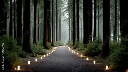 Serene forest path illuminated by soft candlelight creating a magical atmosphere in nature's tranquil embrace