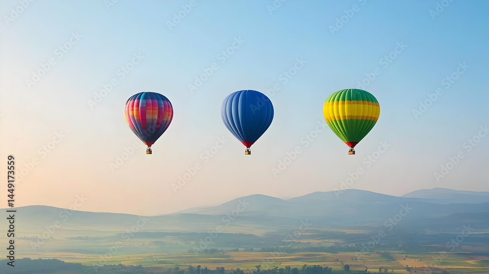 Fototapeta premium Three Colorful Hot Air Balloons Over Misty Mountains