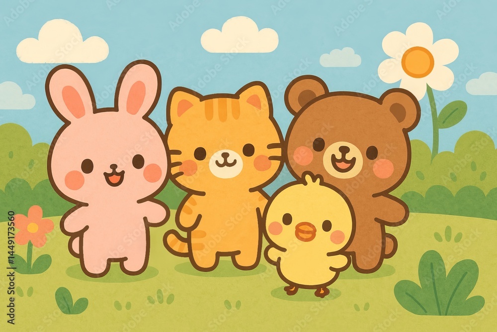 Naklejka premium Cute Cartoon Animals in a Bright Meadow with Flowers and Sunshine