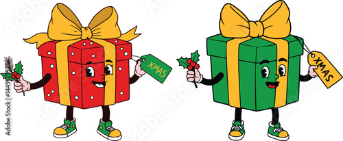 Playful and festive cartoon illustration of two anthropomorphic Christmas gift boxes with ribbons, bows, smiling faces, and holiday tags