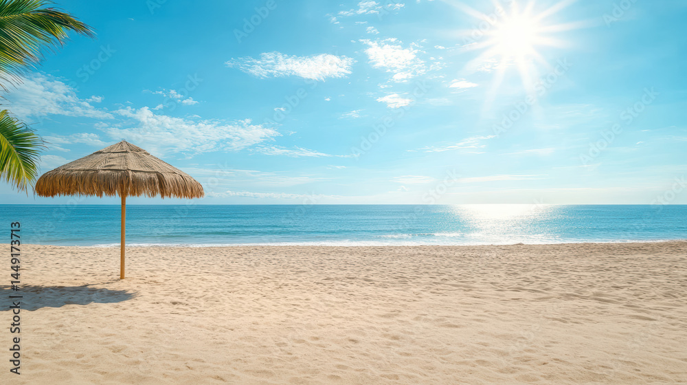Fototapeta premium Serene beach scene featuring straw umbrella soft sand, with vibrant sky and sun shining brightly